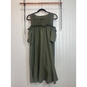 LUMA Khaki Cotton Cold Shoulder Ruffled Mini Dress Size L Made in Italy